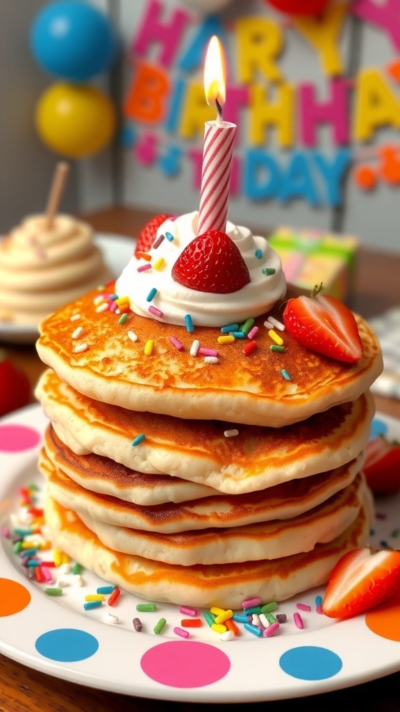A stack of birthday pancakes with sprinkles, strawberries, and whipped cream, decorated with a candle.